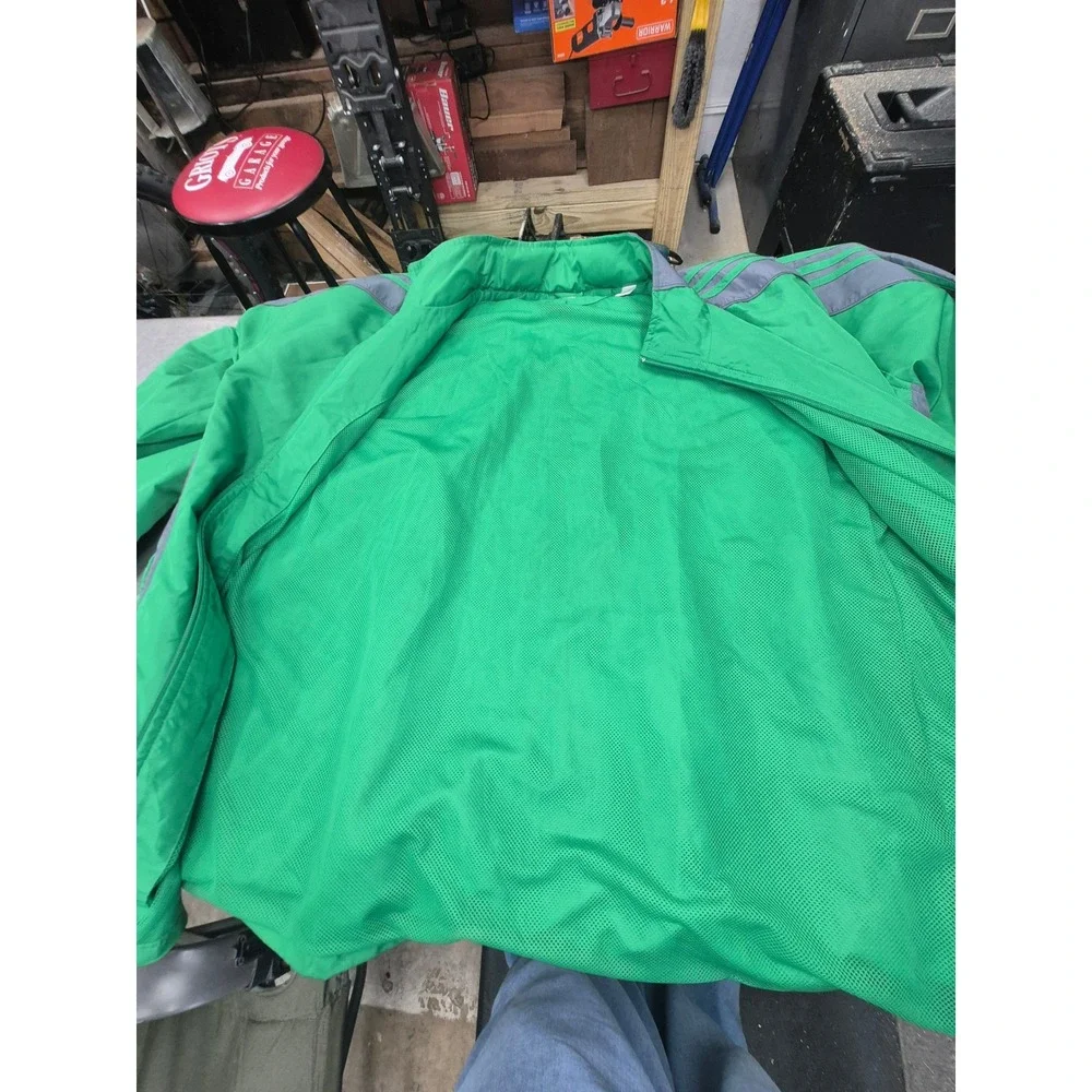 Adidas Windbreaker Jacket Full Zip Green‎ Gray Striped Lightweight Sportswear